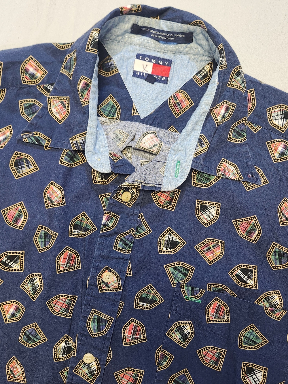 Vintage 90s Tommy Hilfiger Shirt Mens XL Crest Shield Crown AOP Button Down Blue